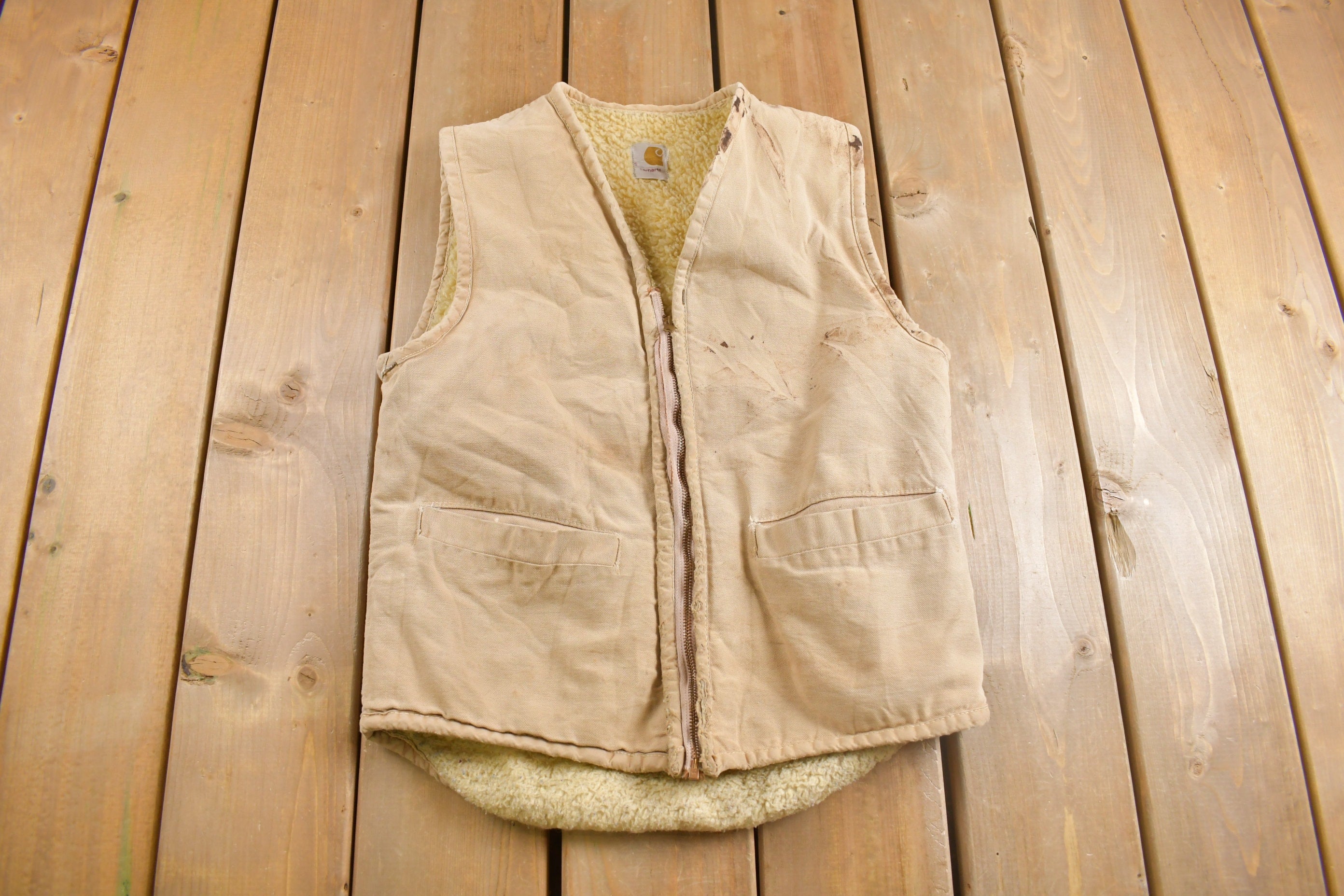 Vintage 1960s Carhartt Sherpa Lined Beige Work Vest  Vintage Workwear  Streetwear  Made In USA  Outdoorsman  Union Made