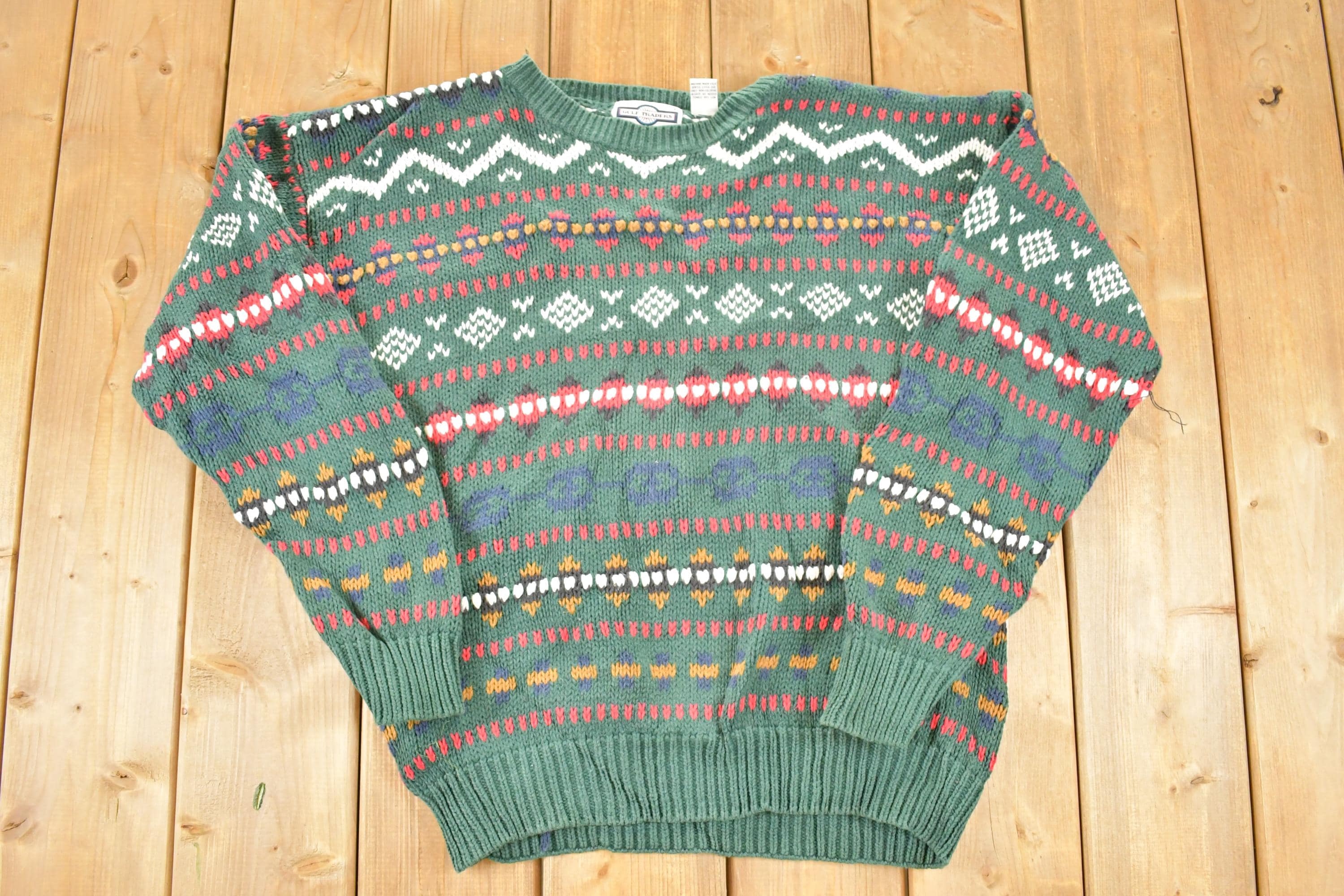 Vintage 1990s Gulf Traders Chunky Knit Holiday Crewneck Sweater Mens M