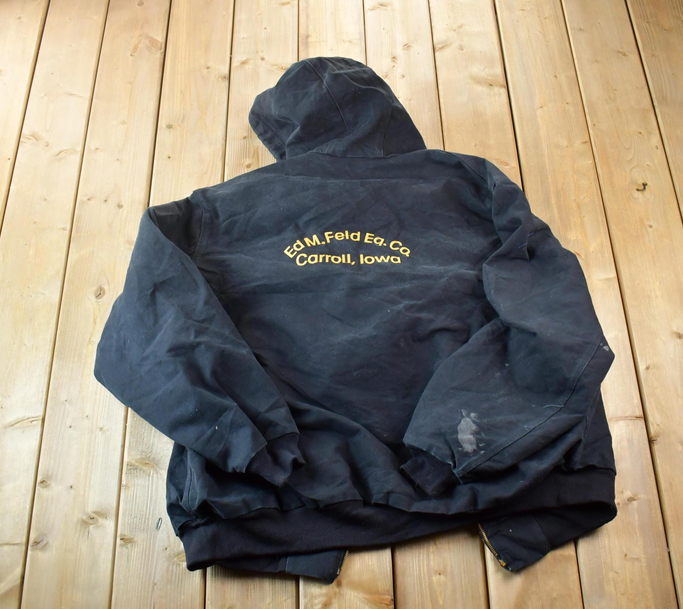 Vintage 1990s Distressed Carhartt Heavy Canvas Ed M Feld Eq Co Carroll Iowa Hooded Jacket Made In USA