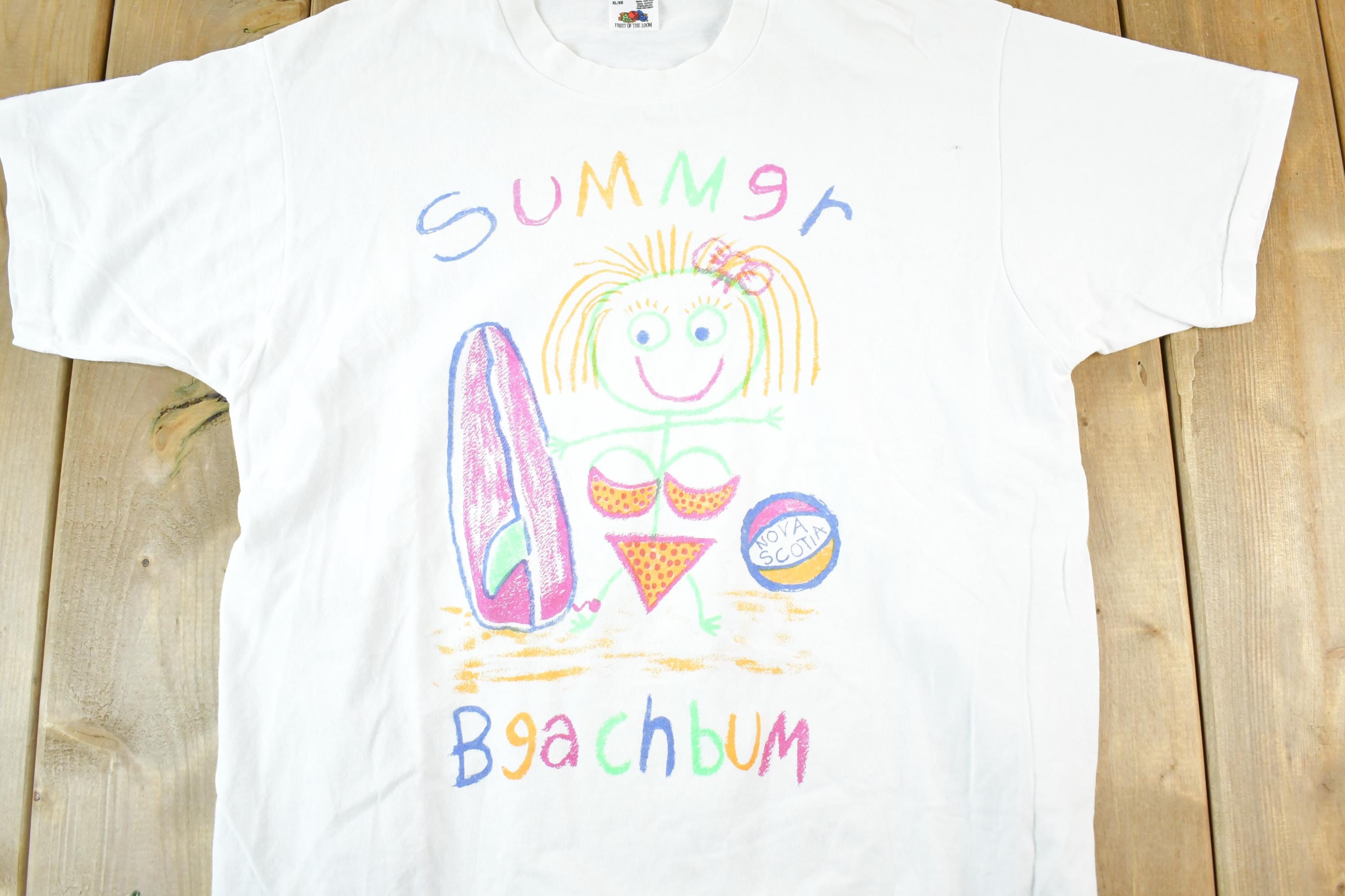Vintage 1990s Summer Beach Bum Cartoon Drawing Souvenir T-Shirt Women's L