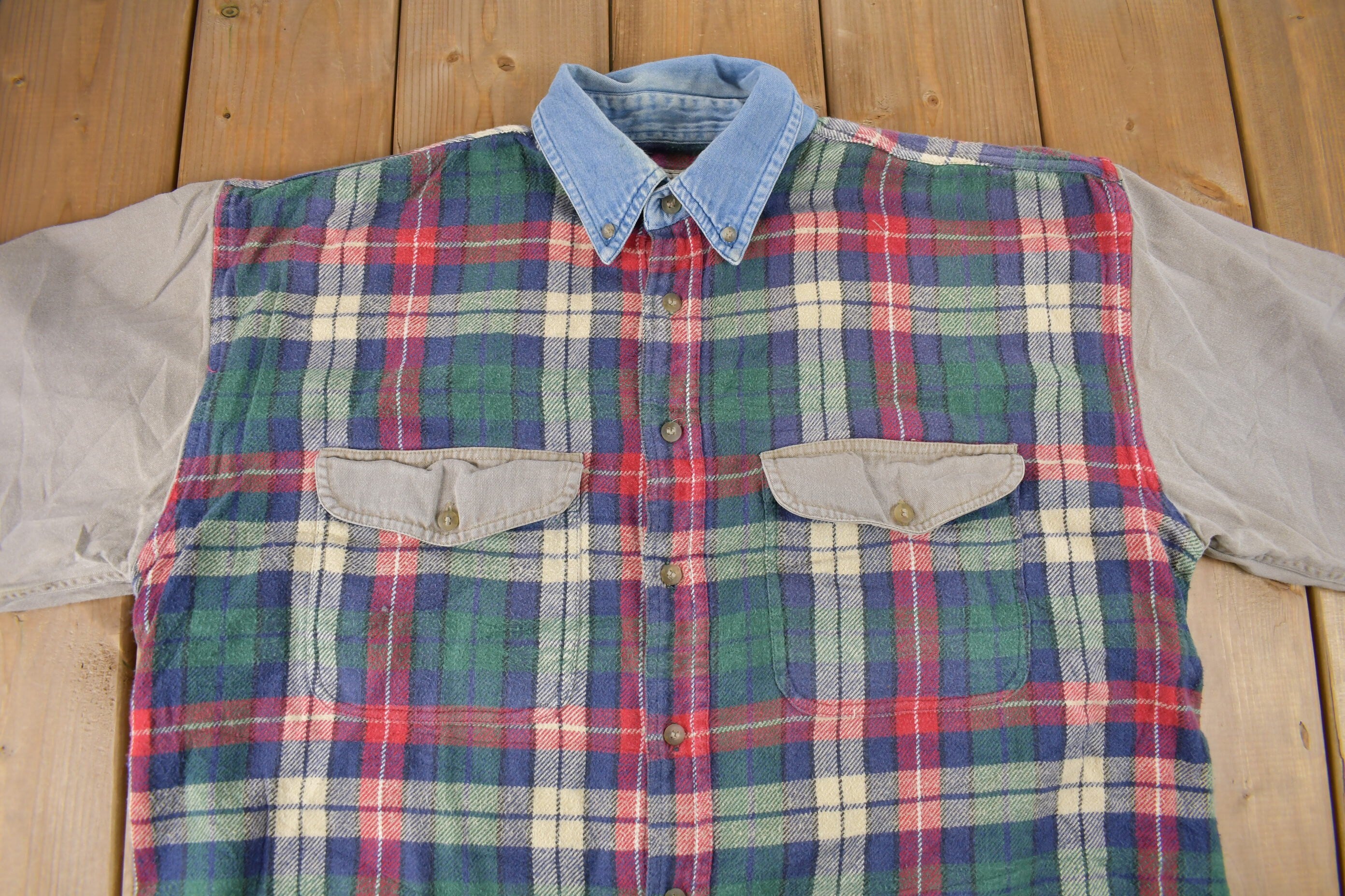 Vintage 1990s Crest Clothing SFS Plaid Body Button Up Flannel Shirt Size L
