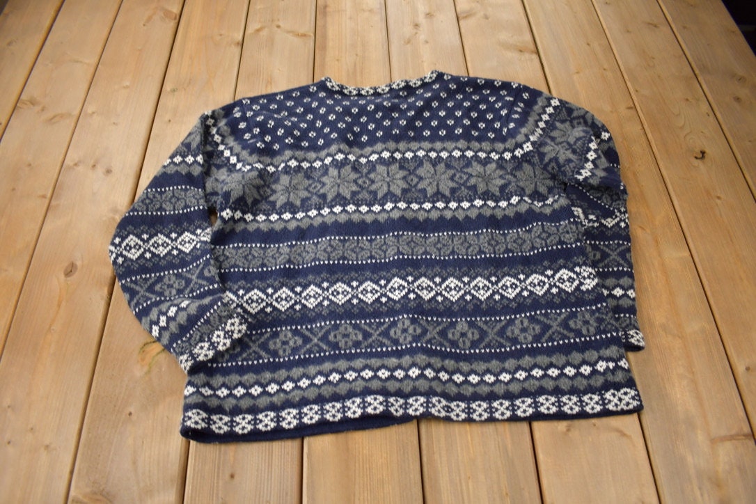 Vintage 1990s Erika & Co Knitted Cardigan Sweater  Vintage Cardigan  Button Up  Striped  Embroidered  Snowflake Theme  Winter Knit