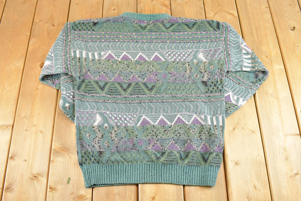 Vintage 1990s London Fog Knit Crewneck Shirt Mens M / 90's Abstract Pattern 3D Knitted Sweatshirt