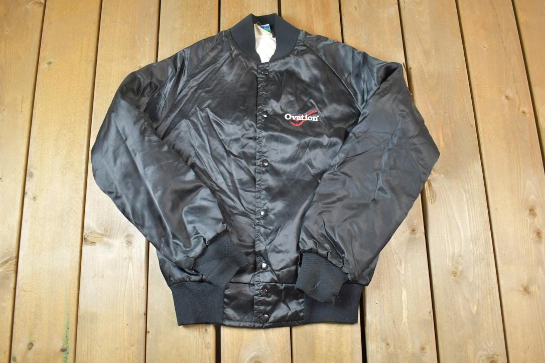 Vintage 1990s Ovation Guitars Embroidered Snap Button Satin Jacket Made In USA