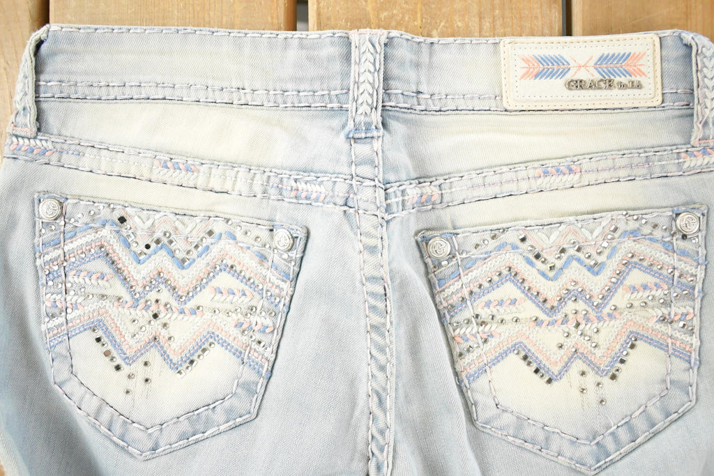 Vintage Deadstock Y2K Grace In LA Bedazzled Bootcut Low Rise Jeans Women's Size 26 x 30