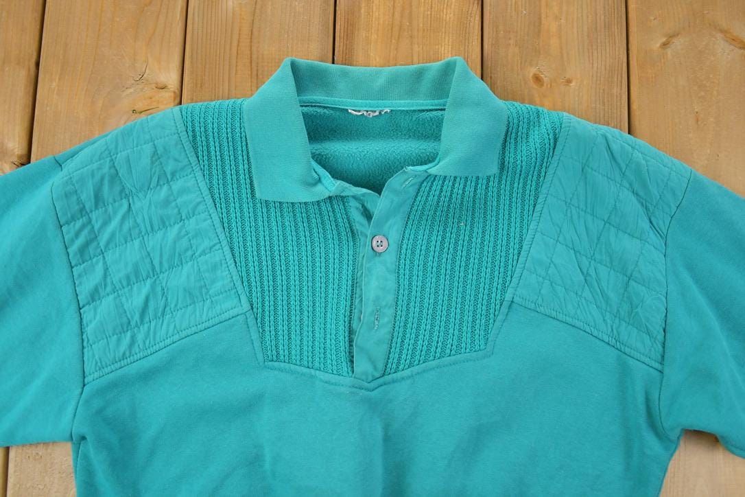 Vintage 1990s Blank Fancy Quarter Button Collared Crewneck Sweatshirt