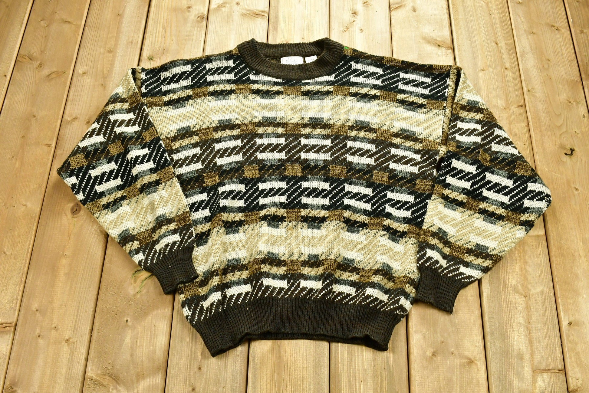 Vintage 1990s Abstract Color Block Knitted Sweater / Vintage 90s Crewneck / All Over Pattern / Outdoor / Sweatshirt / Abstract Graphic