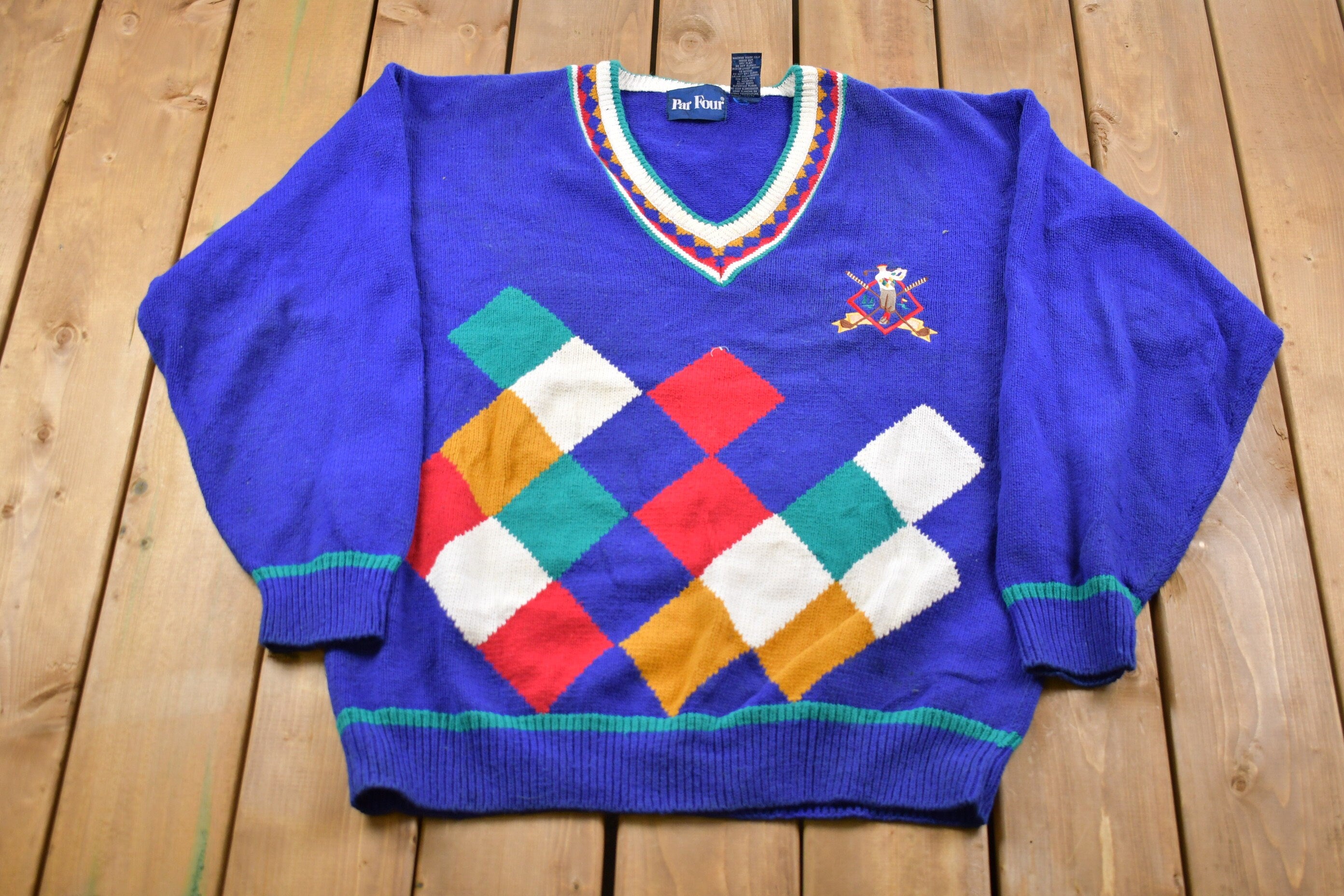 Vintage 1990s Par Four Golf Embroidered Knitted Sweater / Vintage 90s V-Neck / Pattern Sweater / Outdoor / Hand Knit / Pullover Sweatshirt