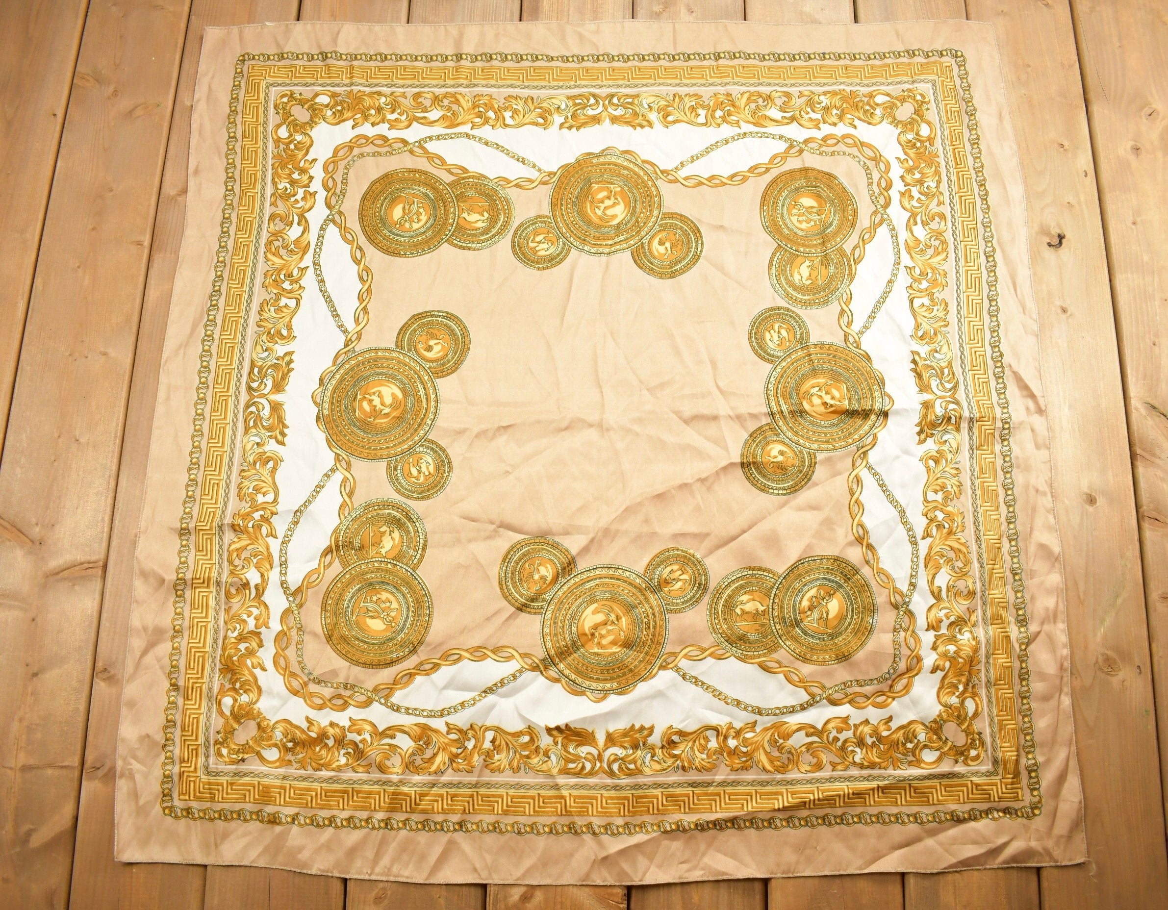 Vintage 1980s Gold Gilded Ornament Pattern Scarf