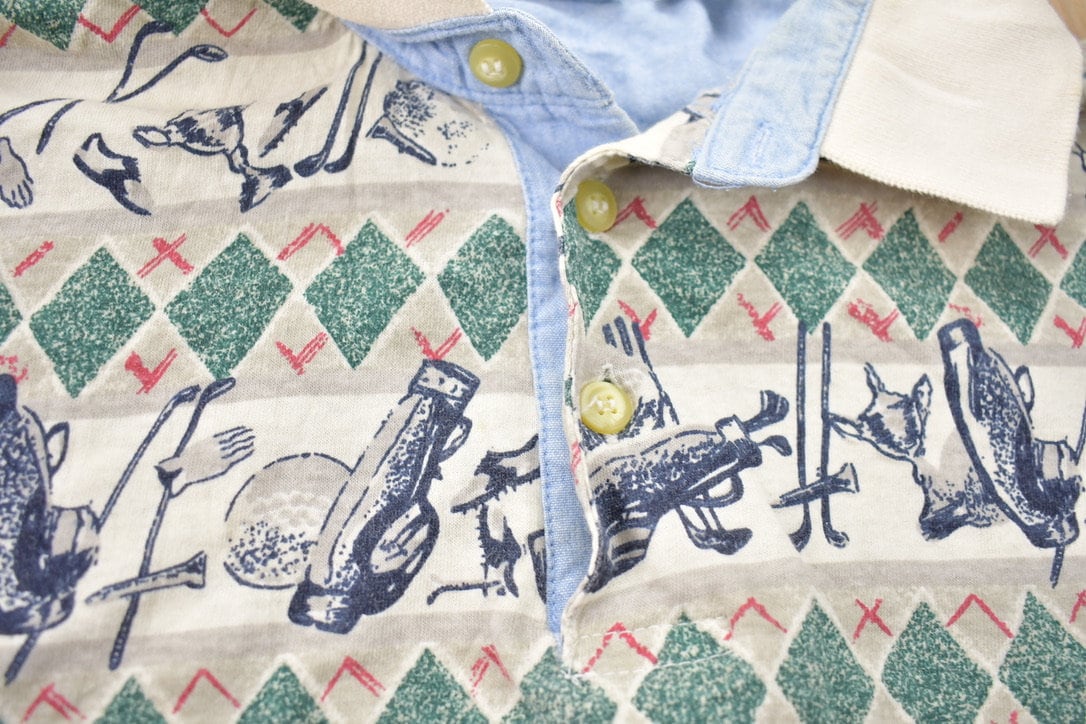 Vintage 1990s Bugle Boy Golf All Over Print Collared Polo Shirt