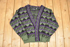 Vintage 1990s Expressions Internationsl Abstract Knit Cardigan Sweater Men's L  Preppy Knit Cardigan  Fancy Knit Vintage Cardigan