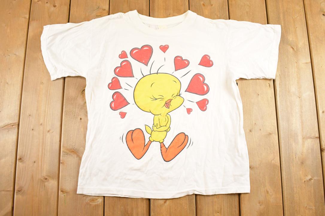 Vintage 1990s Looney Tunes Tweety Bird Hearts T Shirt Women's L / Vintage Warner Brothers Shirt / Warner Bros Cartoon Shirt