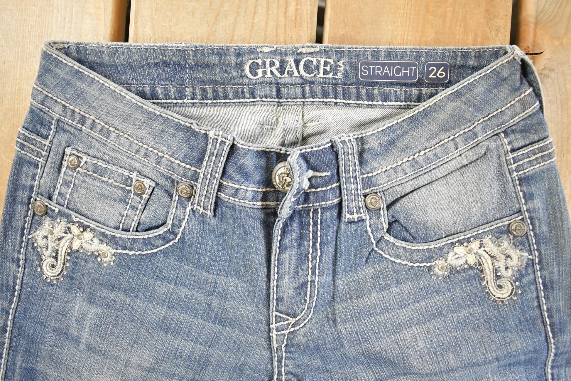 Vintage Deadstock Y2K Grace In LA Bedazzled Straight Low Rise Jeans Women's Size 26 x 31