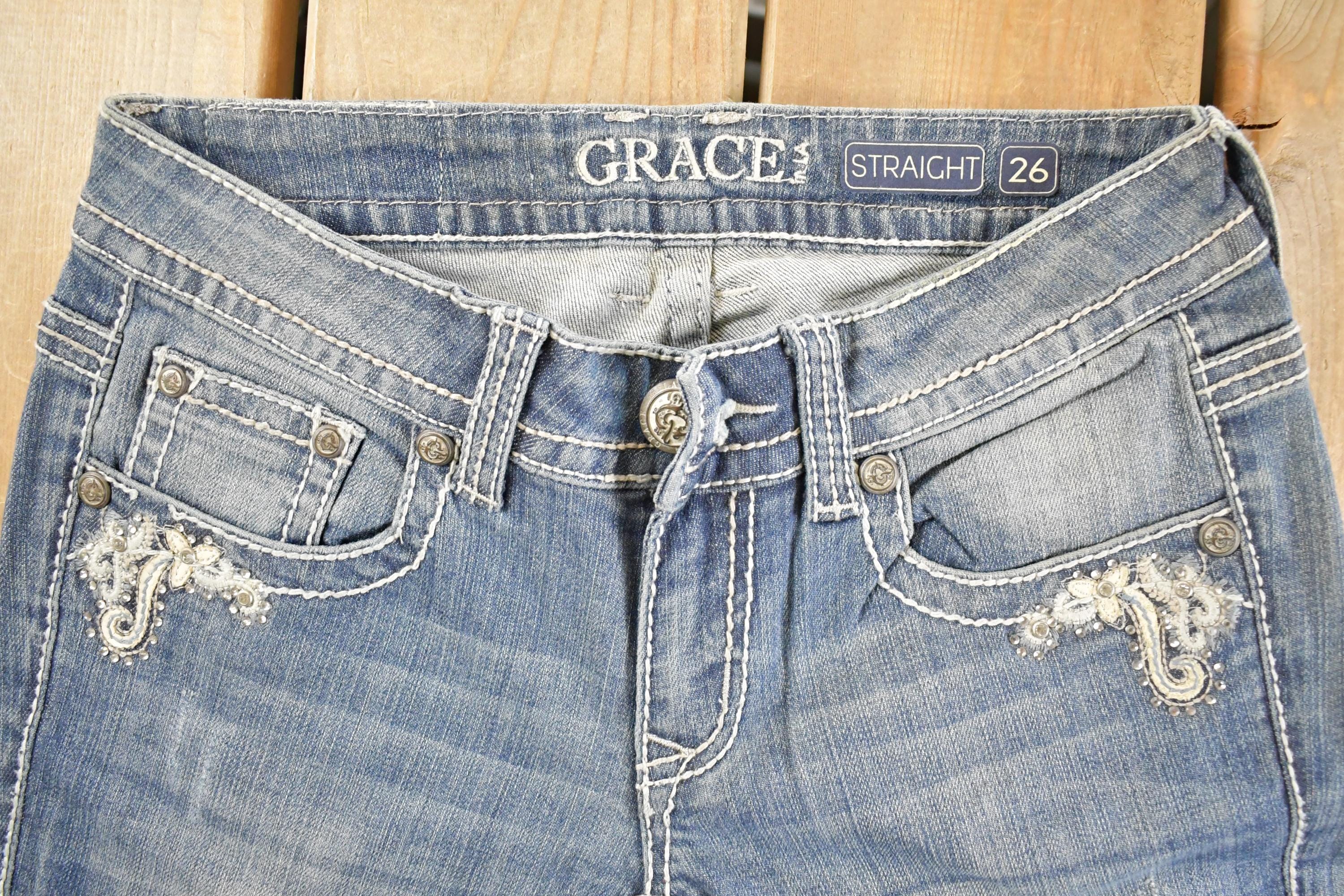 Vintage Deadstock Y2K Grace In LA Bedazzled Straight Low Rise Jeans Women's Size 26 x 31