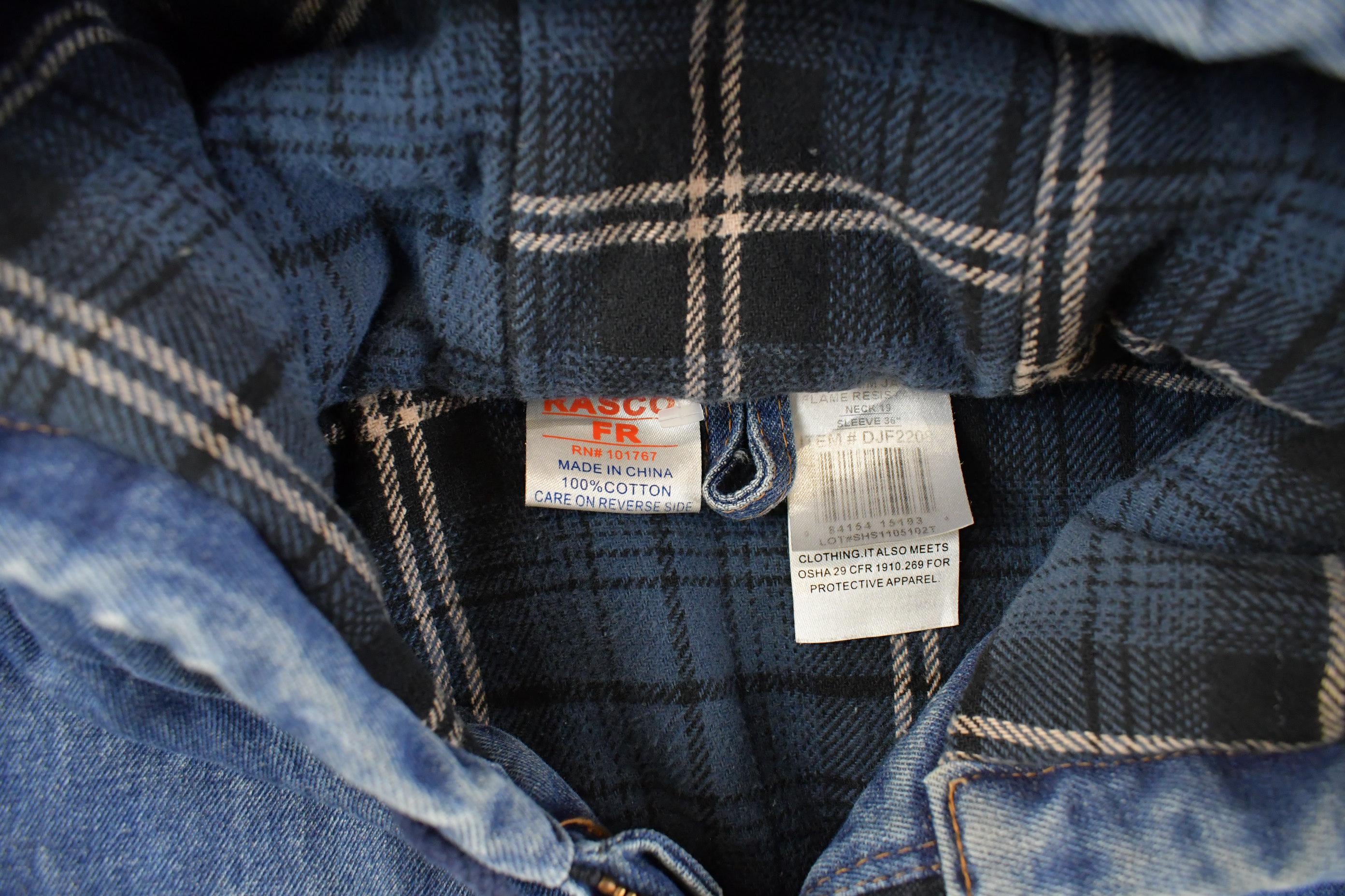 Vintage 1990s Rasco Denim Plaid Lined Fire Resistant Hooded Jacket Men's 2XL