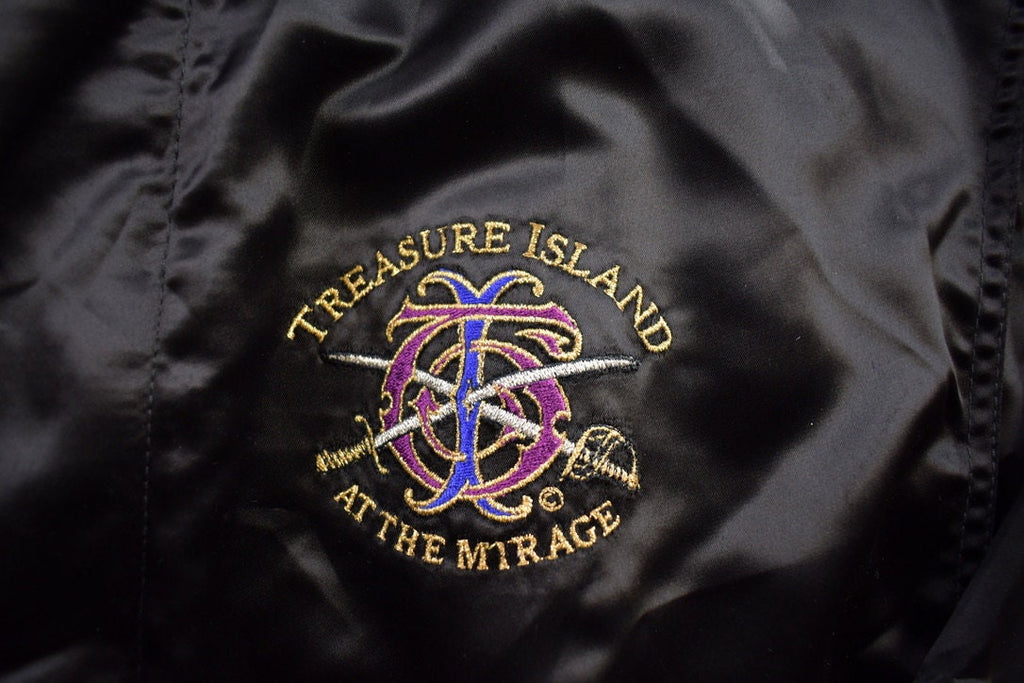 Vintage 1980s Treasure Island Mirage Embroidered Snap Button Satin Jacket Made In USA