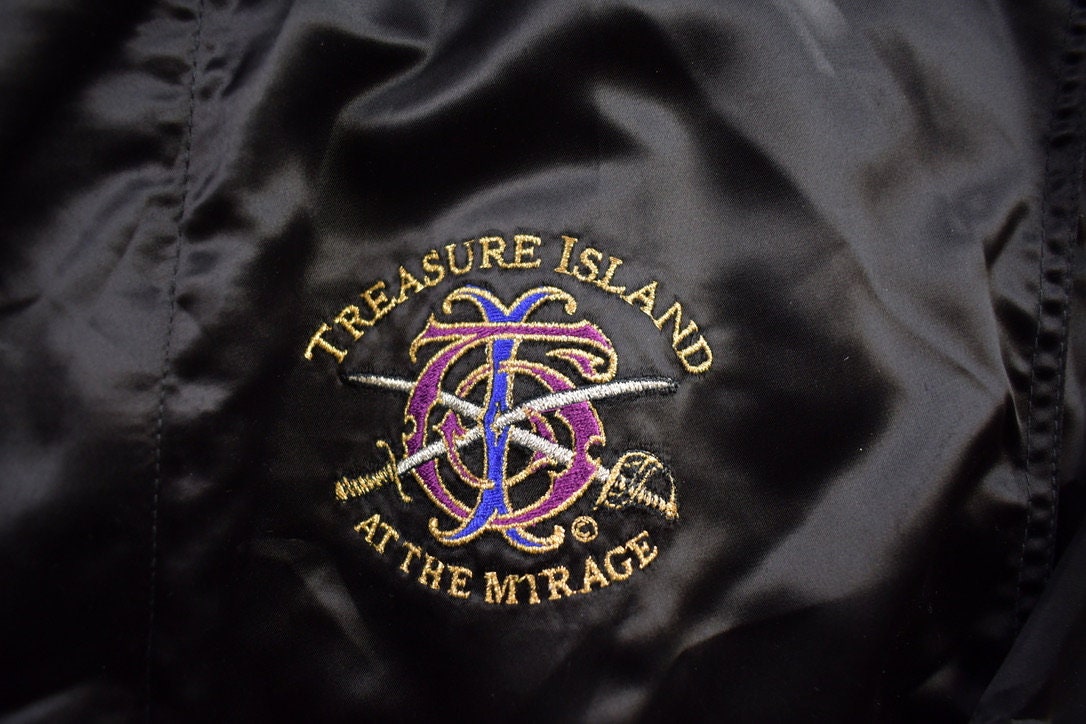 Vintage 1980s Treasure Island Mirage Embroidered Snap Button Satin Jacket Made In USA