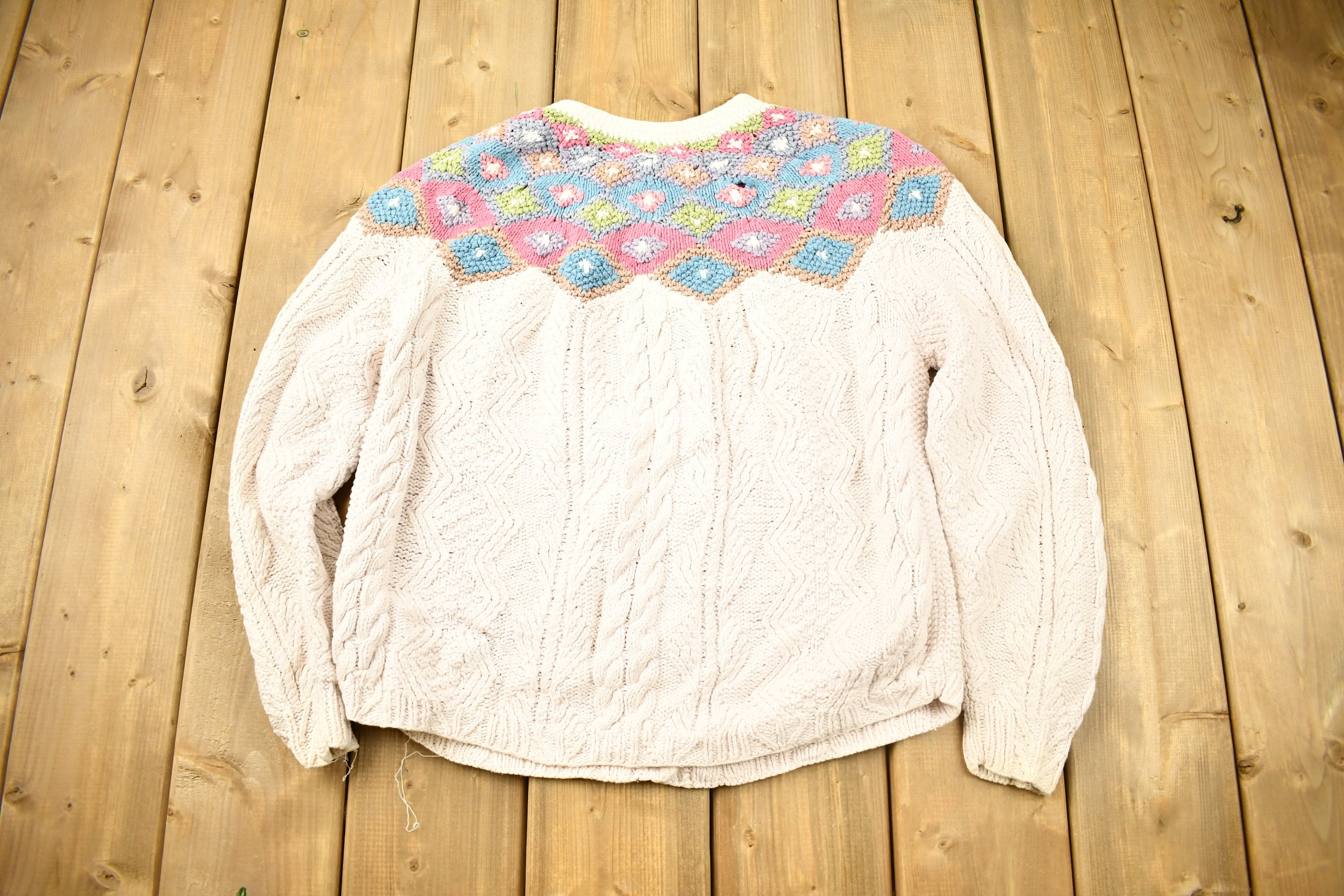 Vintage 1980s Northern Isles Hand Knit 3D Cable Knit Cardigan Sweater