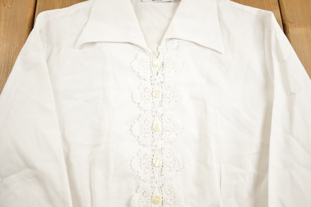 Vintage 1990s Womens Enara Camice Lace Detail Blank White Button Up Shirt