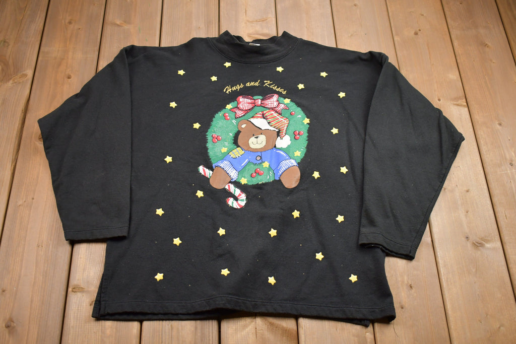 Vintage 1990s Christmas Sweater , 90s Holiday Crewneck , Winter Wear , Festive Graphic , Embroidered Print , Hugs And Kisses