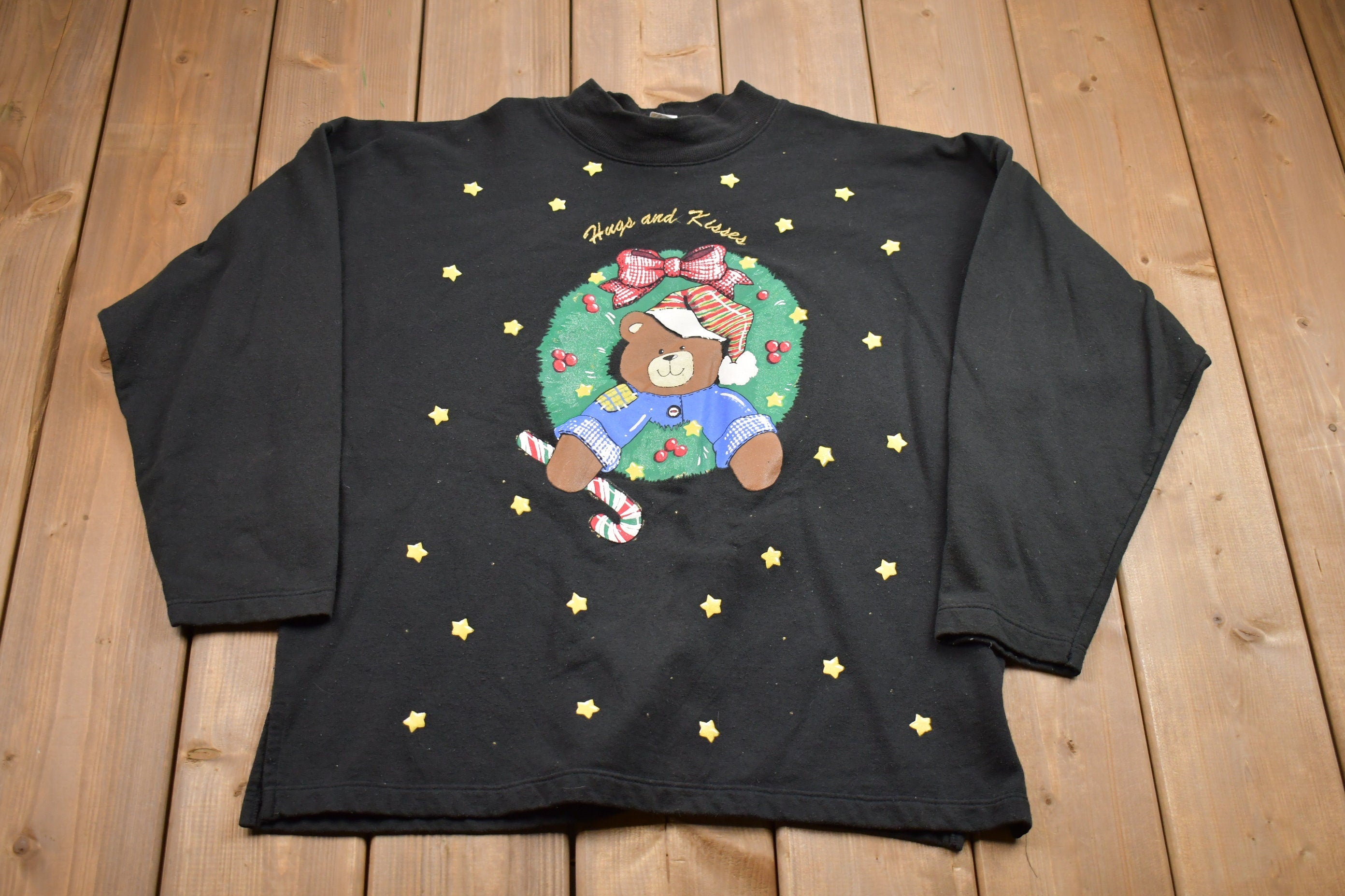 Vintage 1990s Christmas Sweater , 90s Holiday Crewneck , Winter Wear , Festive Graphic , Embroidered Print , Hugs And Kisses