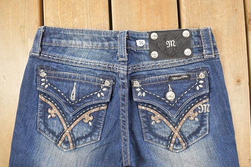 Vintage Deadstock Y2K Miss Me Bedazzled Low Rise Jeans Women's Size 26x31 / Boot Cut Jeans / 2000's Embroidered Contrast Stitched Denim