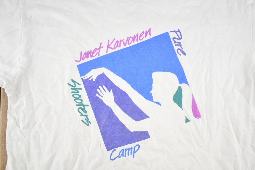 Vintage 1990's Janet Karvonen Shooters Camp Souvenir Travel T-Shirt Women's M  90s Single Stitch Graphic Destination Tee  Made in USA