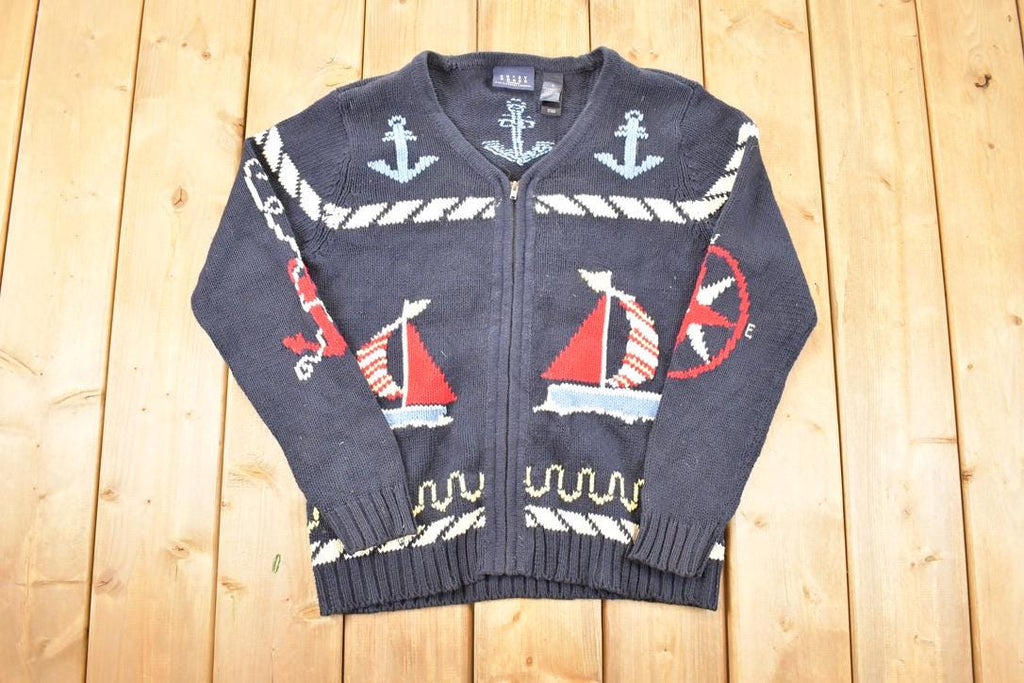 Vintage 1990s Crazy Horse AOP Boating Knit Cardigan Sweater Men's L