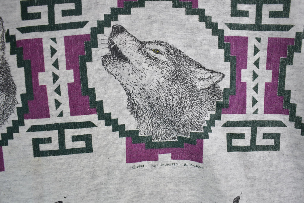 Vintage 1990s Art Unlimited Howling Wolf All Over Print Crewneck