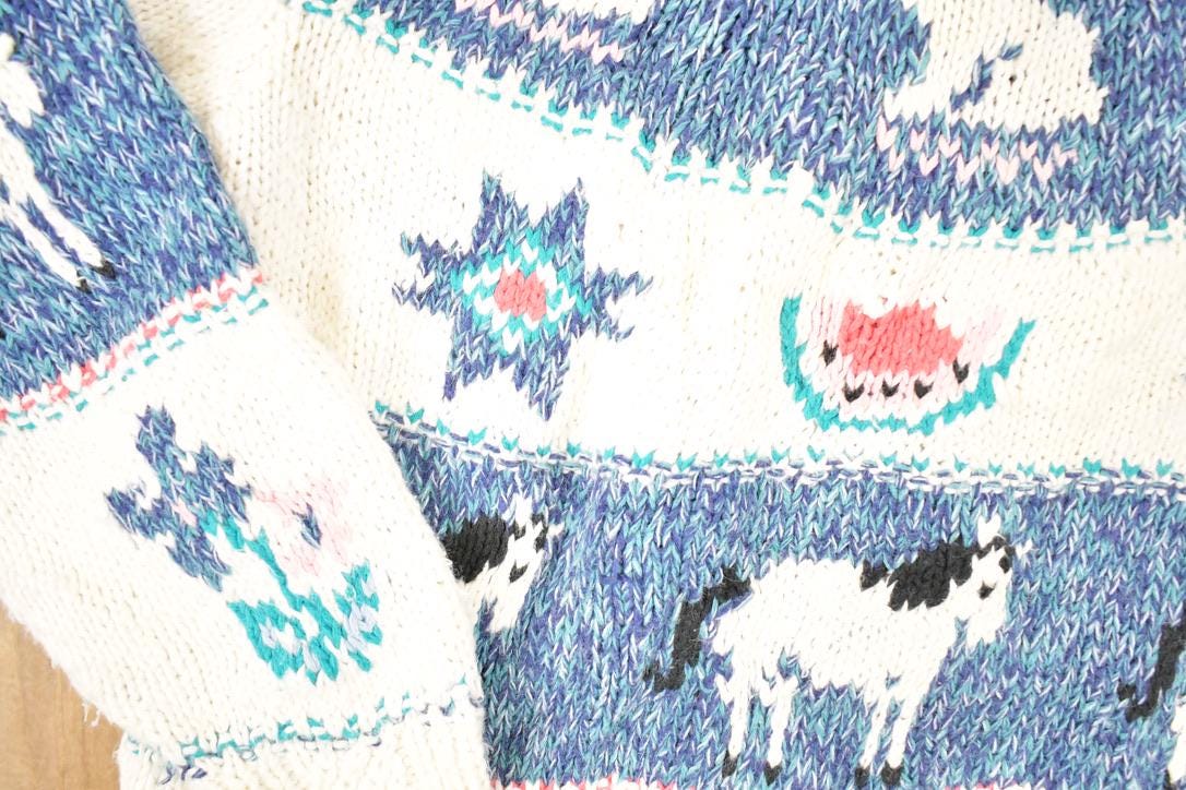 Vintage 1990s Woolrich Chunky Knit AOP Farm Theme Crewneck Sweater Women's S