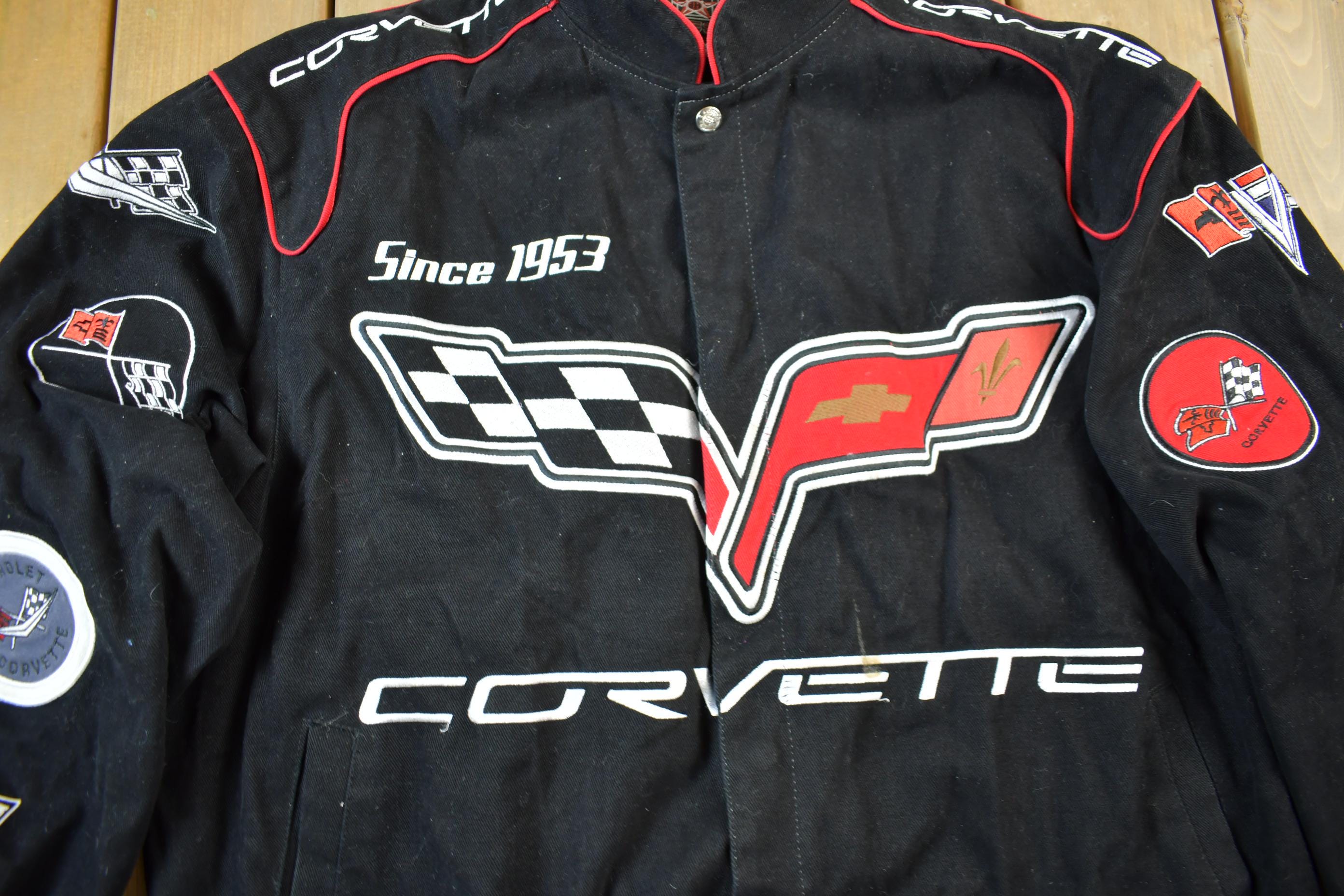 Vintage 1990s Jeff Hamilton Corvette Chevrolet Racing Jacket  Patchwork  Streetwear  Vintage Racing Jacket  Size XL