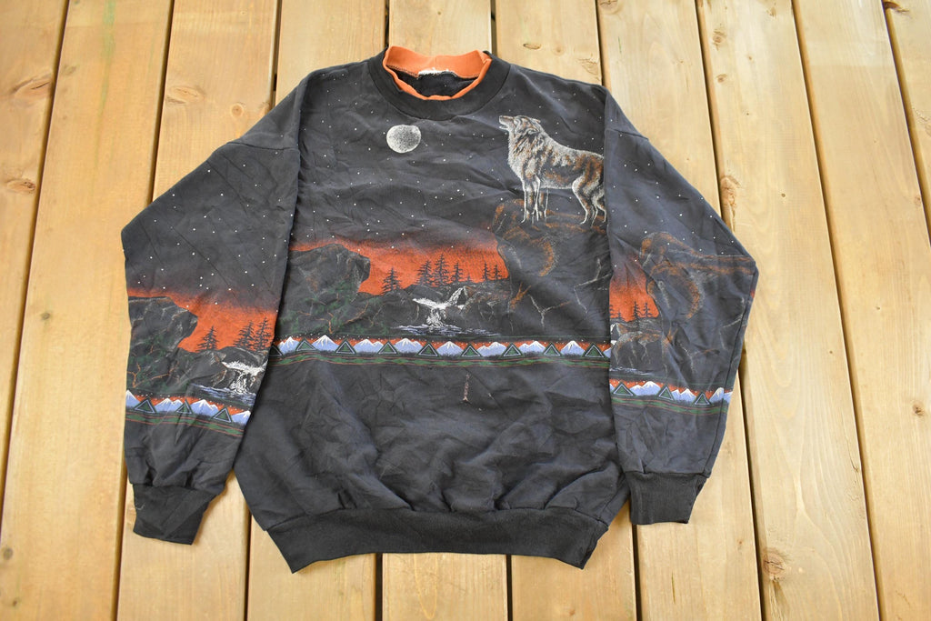 Vintage 1990s Wolf Nature All Over Print Double Collar Crewneck Sweatshirt Men's Small