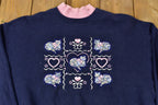 Vintage 1990s Embroidered Cats And Hearts Cute Crewneck