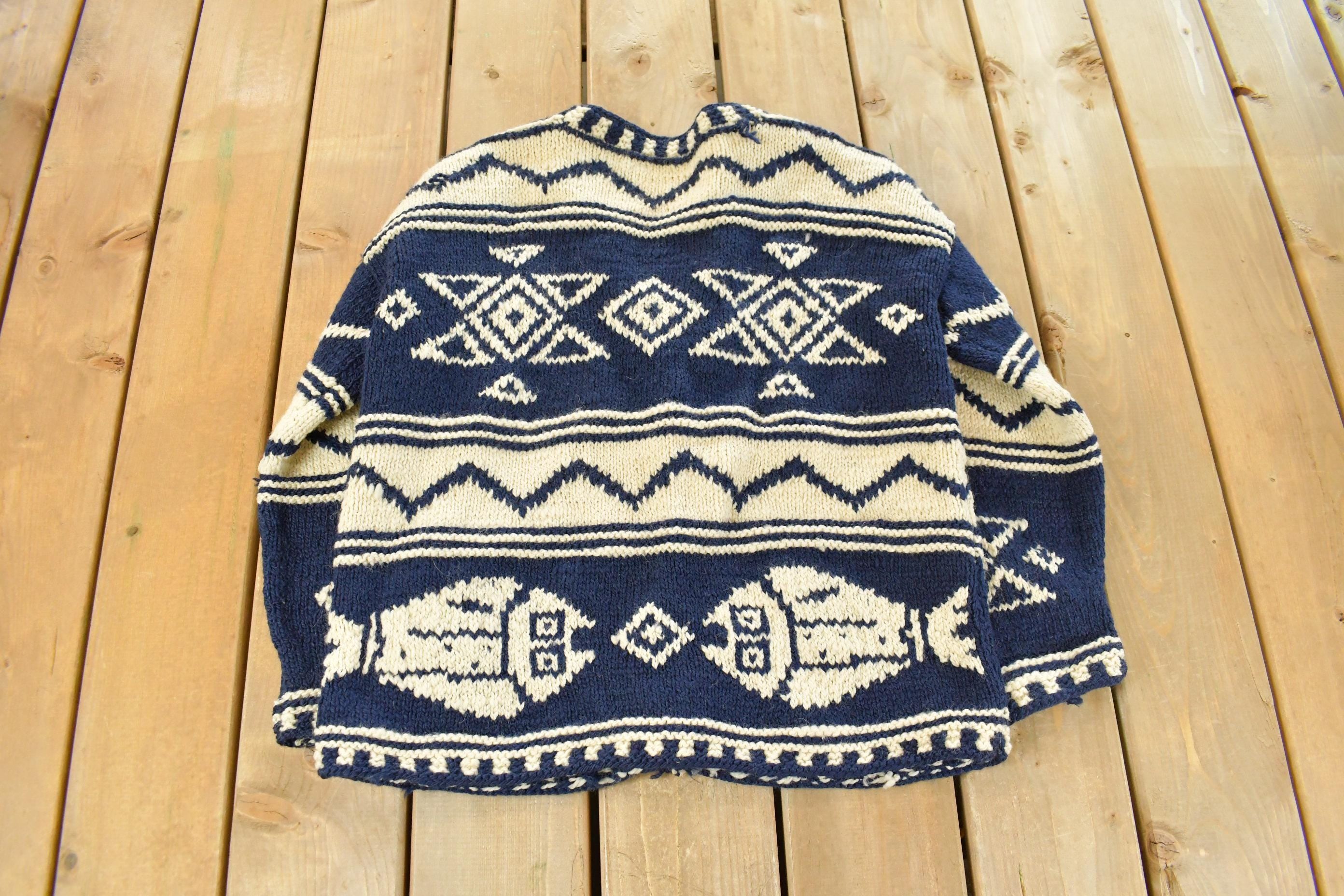 Vintage 1990s Express Tricots Fish Hand Knit Cardigan Sweater Women's M  Vintage Cardigan  Button Up  Cozy Cardigan