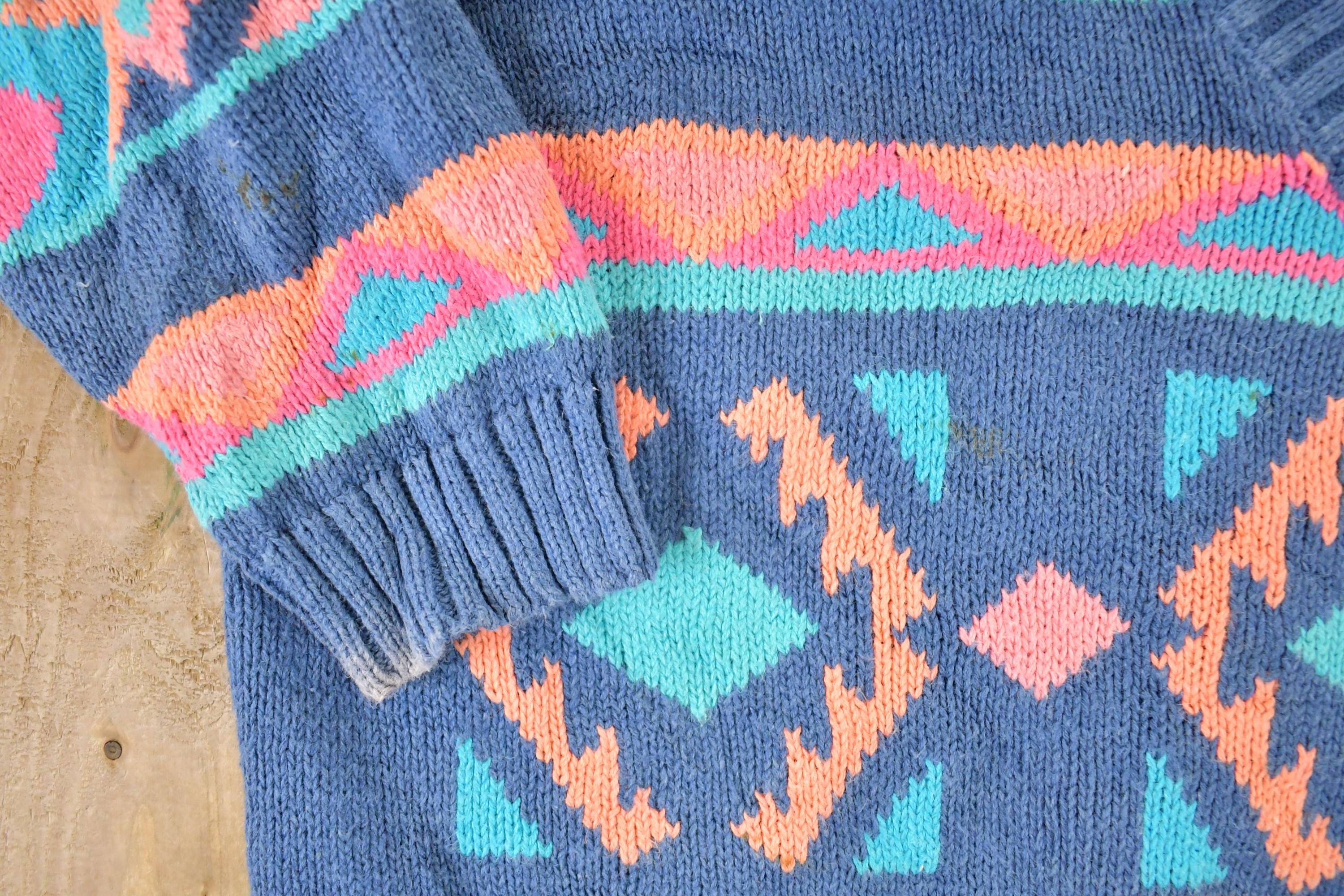 Vintage 1990s Nuovo Knit Abstract Pattern Deep V Sweater Women's XL / 90s Knit Crewneck / Vintage Preppy Knits