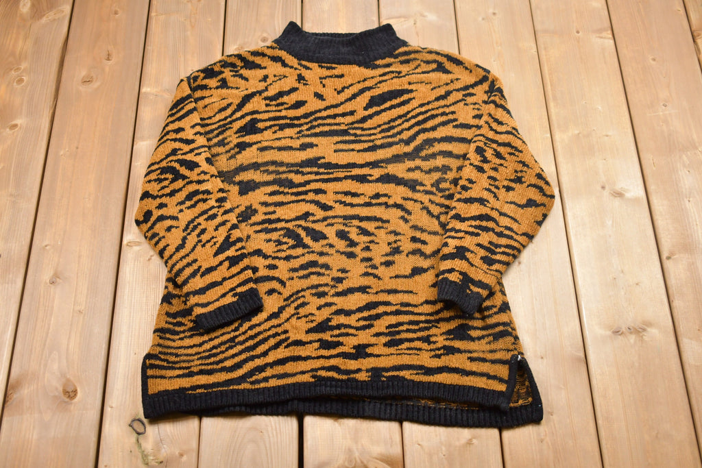 Vintage Express Tricot Knitted Leopard Print Turtleneck Sweater