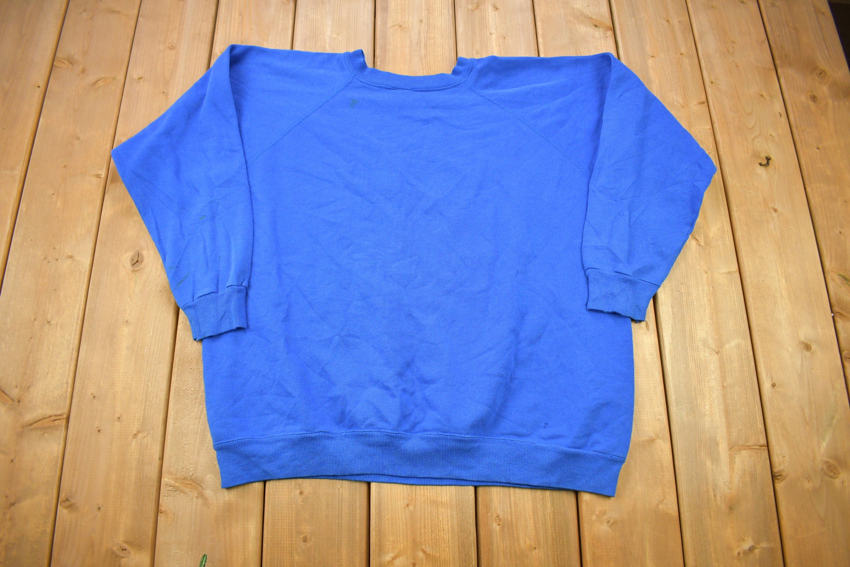 Vintage 1980s Hanes Her Way Blank Blue Raglan Crewneck Sweatshirt