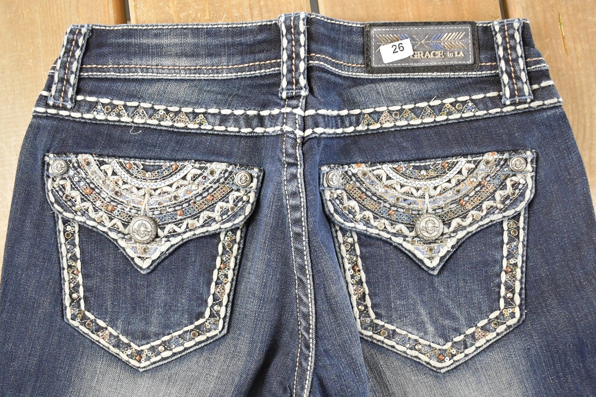 Vintage Deadstock Y2K Grace In LA Bedazzled Bootcut Low Rise Jeans Women's Size 26 x 32