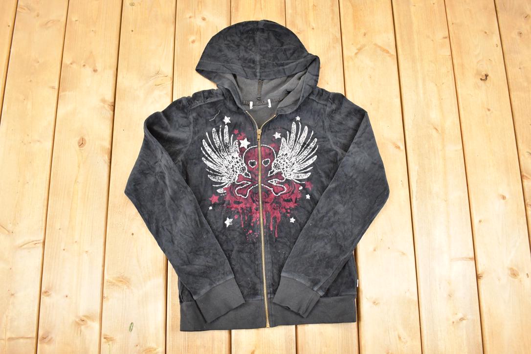 Vintage Y2K Skull Full Zip Graphic Print Hoodie Sweatshirt Women's S / 2000's Destination Sweater
