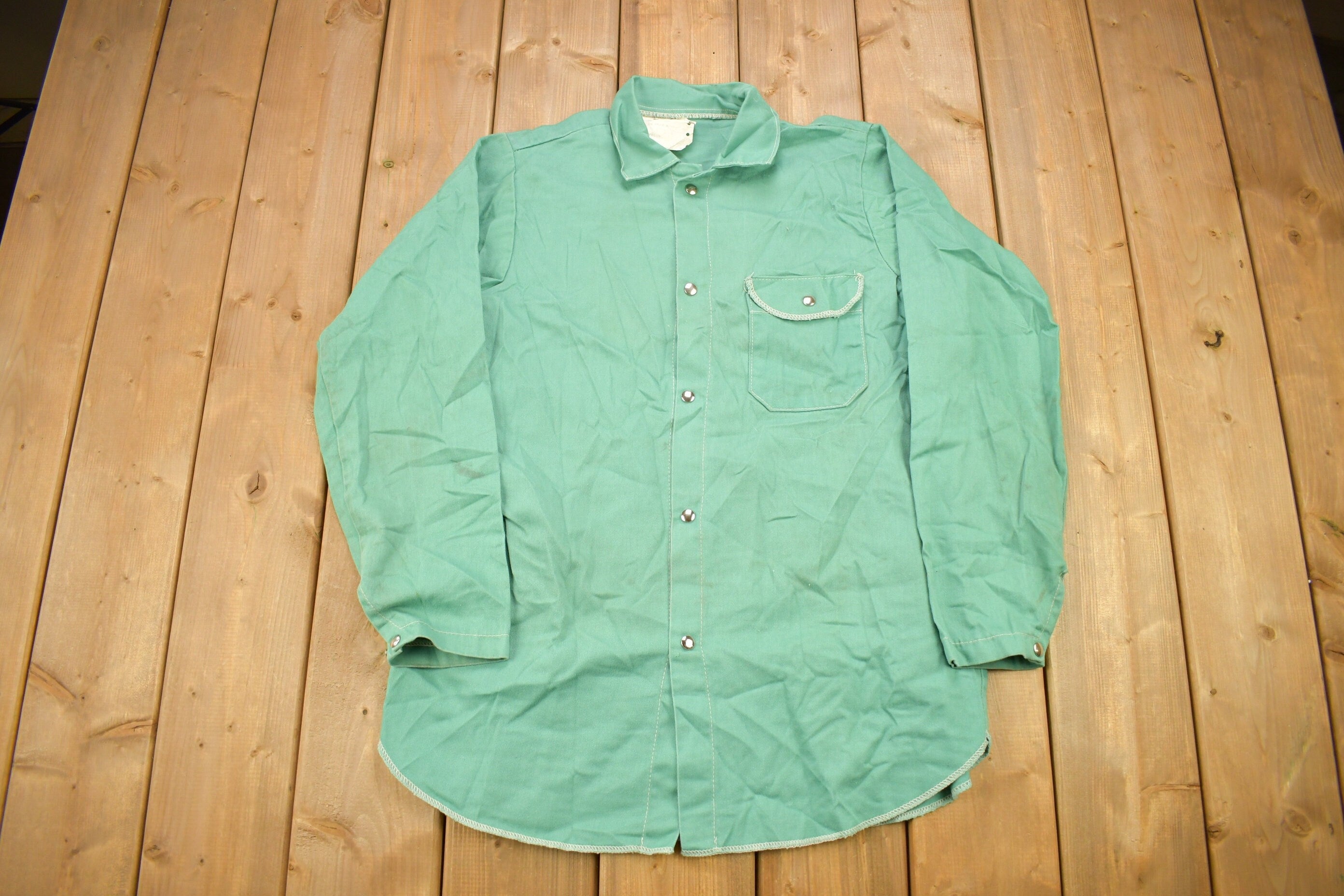 Vintage 1980s Steel Grip Blank Turquoise Button Up Shirt