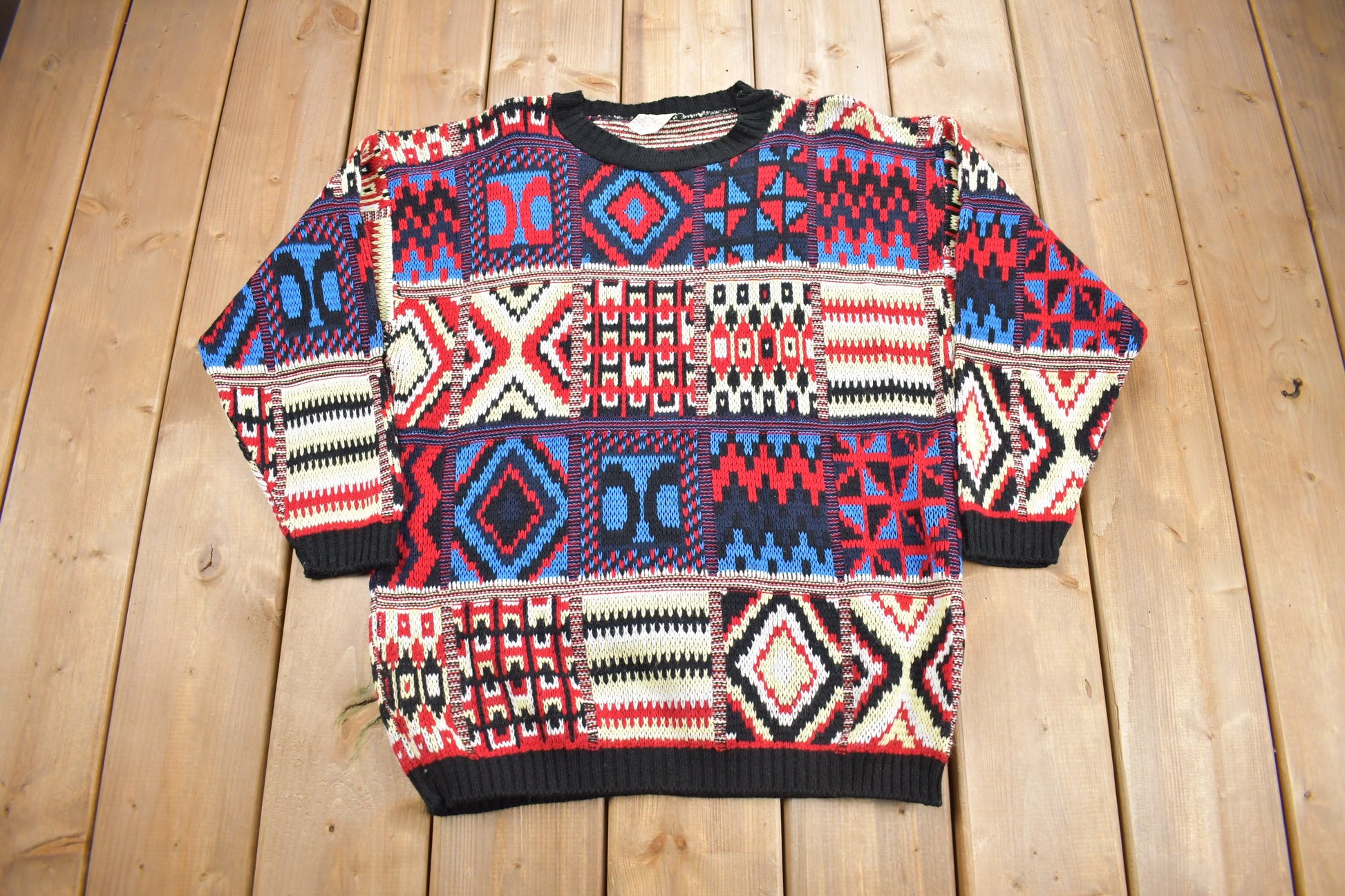 Vintage 1980s Abstract Patchwork Color Block Knit Crewneck Sweater