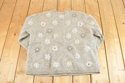Vintage 1990s Karen Scott Wool Knit Floral Cardigan Sweater Womens L / Abstract Pattern 3D / 90s Knitted Top