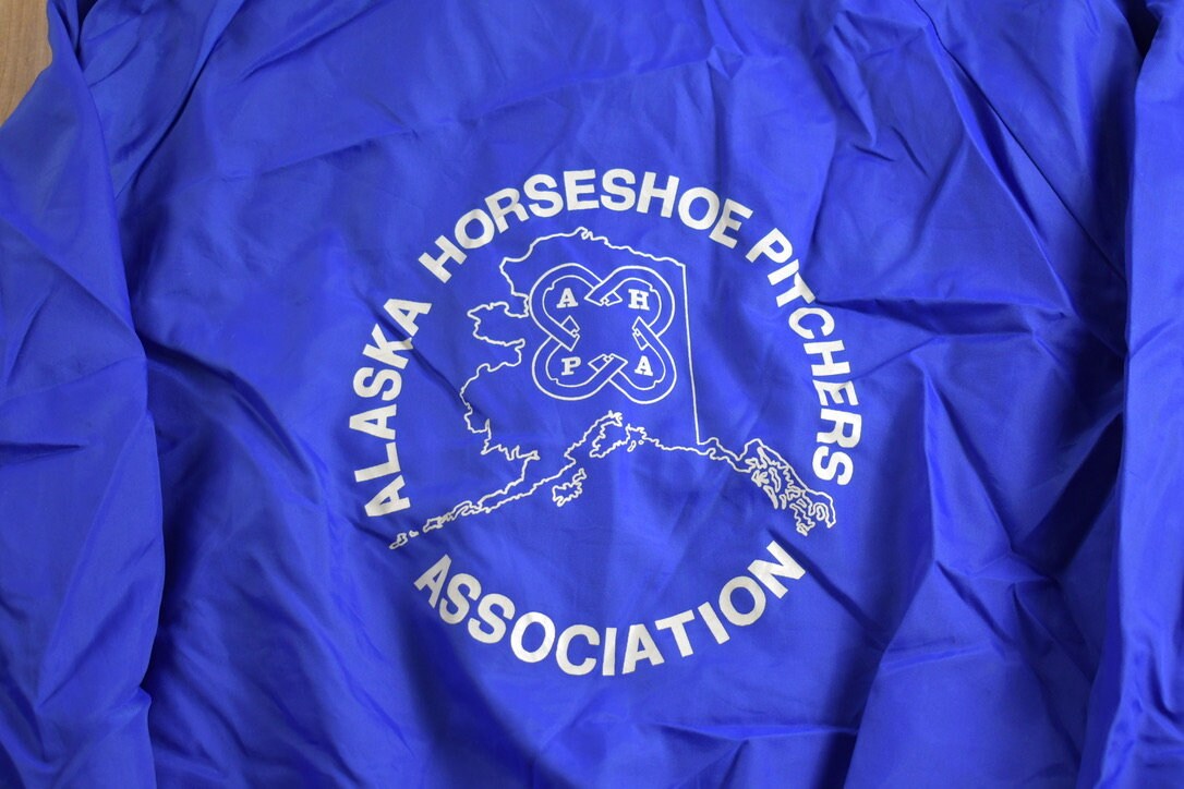 Vintage 1980s Pla-Jac by Dunbrooke Alaska Horseshoe Pitchers Satin Bomber Jacket