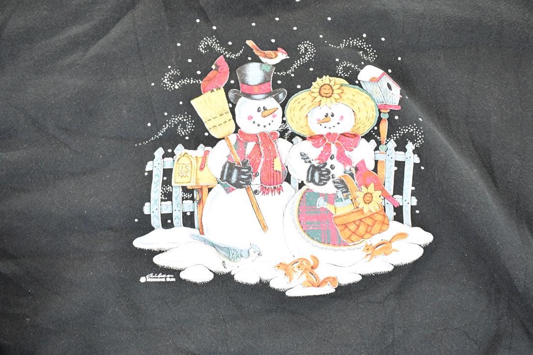 Vintage 1990s Morning Sun Cute Snowman Family Collared Crewneck Sweatshirt Men's L
