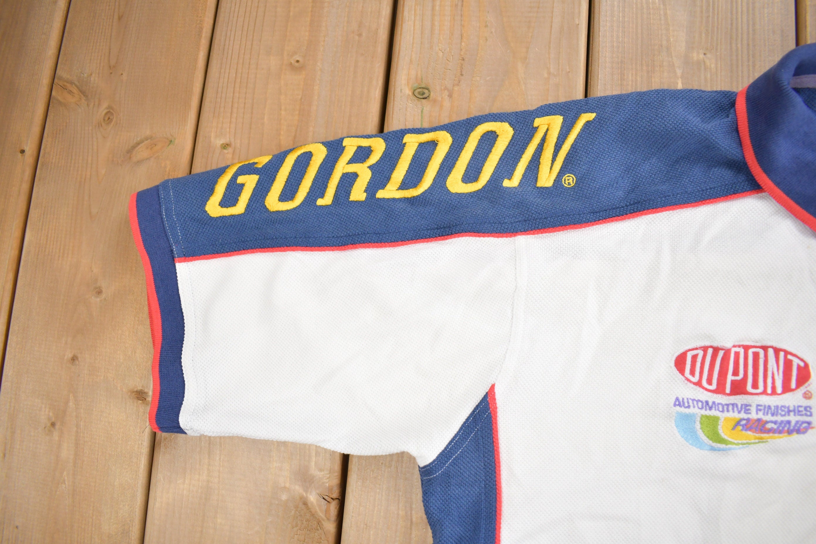 Vintage 1990s Jeff Gordon Dupont NASCAR Pit Crew Shirt  90s  Streetwear Fashion  Embroidered Patchwork  Racing  Color Block