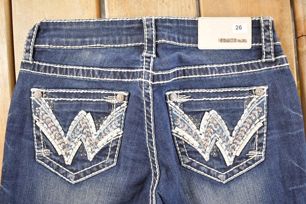 Vintage Deadstock Y2K Grace In LA Bedazzled Bootcut Low Rise Jeans Women's Size 26 x 32