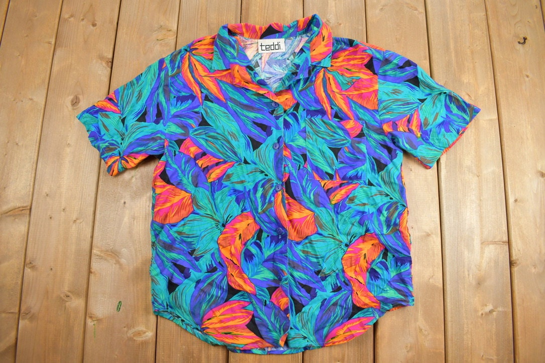 Vintage 1980s Teddi Abstract Floral Short Sleeve Button Up Shirt