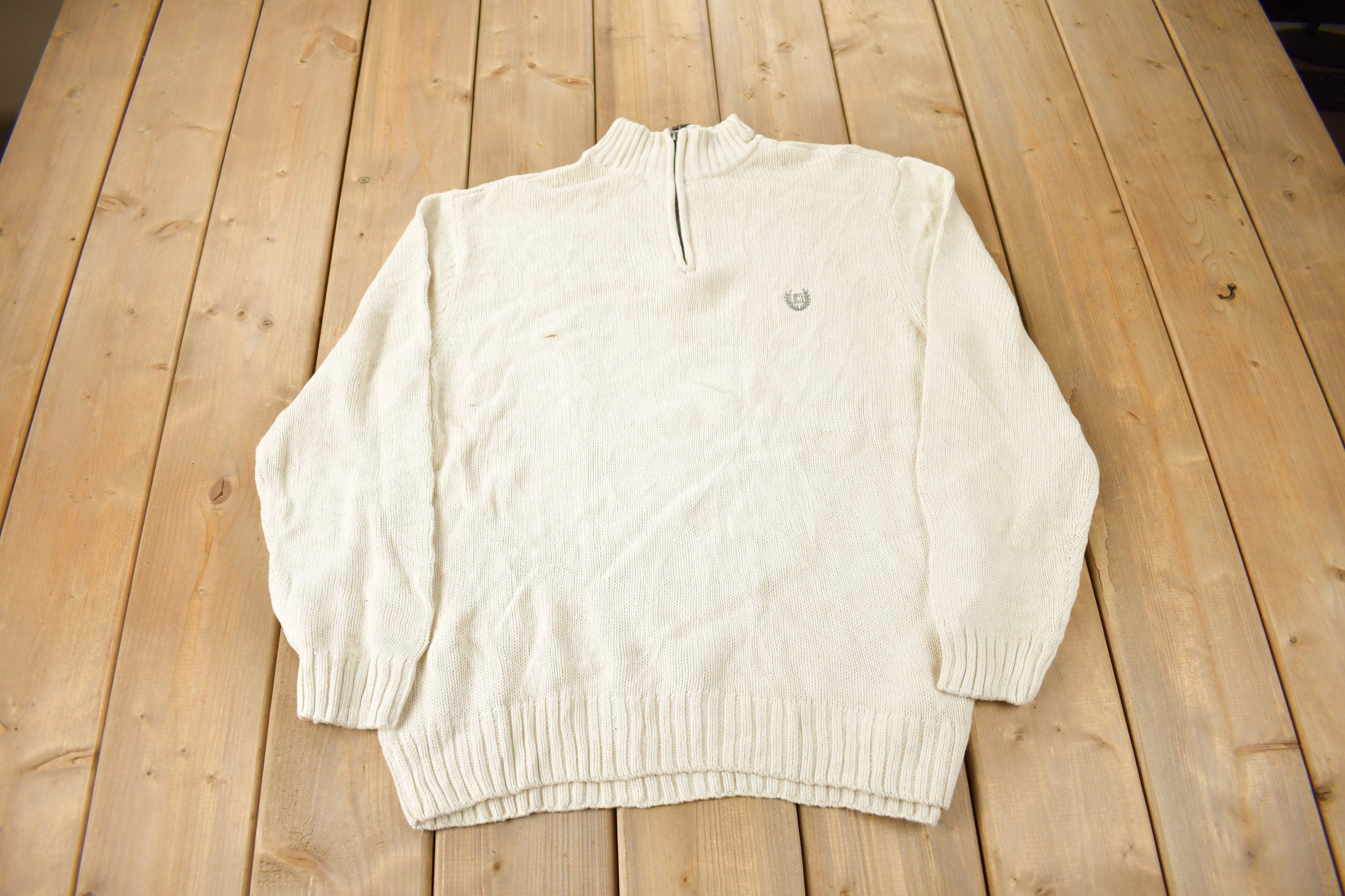 Vintage Y2K Chaps Embroidered Logo Quarter Zip Knit Sweater Size L