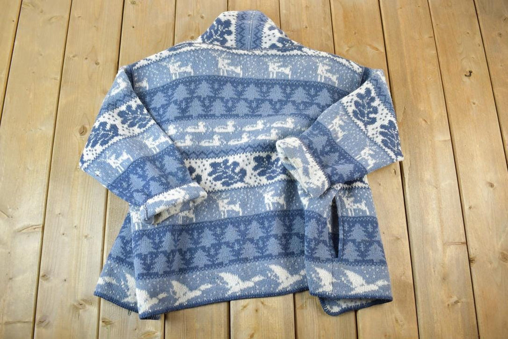 Vintage 1990s Alps Button up AOP Knit Abstract Pattern Button Up Collared Sweater