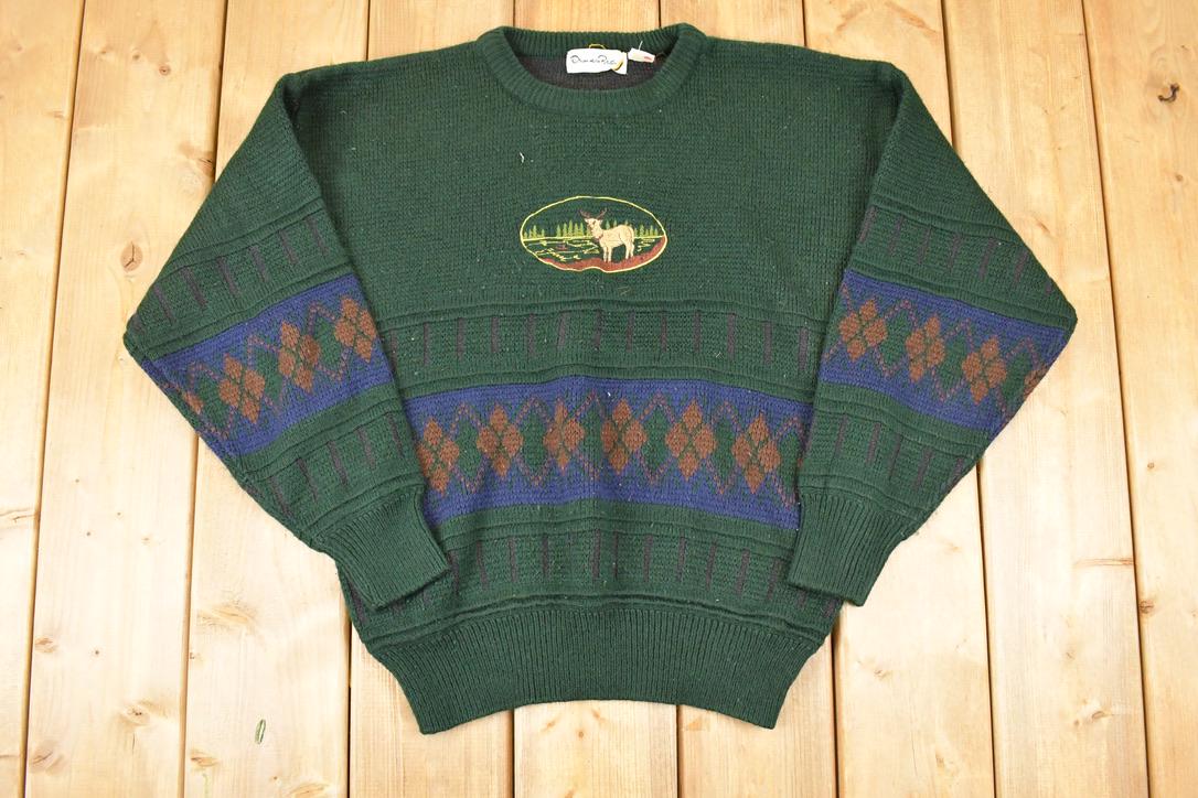 Vintage 1990s Oscar De La Renta Outdoorsman Deer Knit Crewneck Sweater Mens L